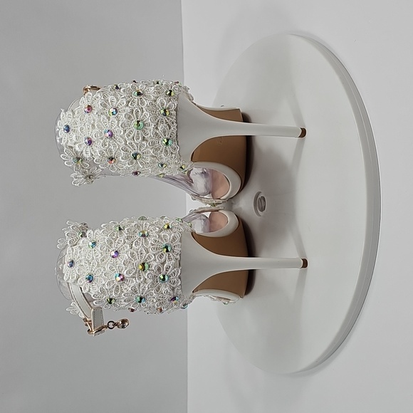 Crystal Queen White Lace Pearl Wedding Heels Bridal Sandals 41 Floral Stiletto - Picture 7 of 15